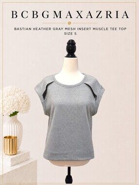 BCBGMAXAZRIA Sport Luxe Bastian Heather Gray Black Mesh Insert Cotton Tee Top S